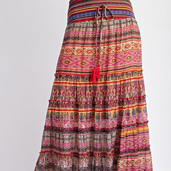 1-1121 *Boutique* Plus Size Boho Colorful Tiered Maxi Skirt - Picture 2 of 6
